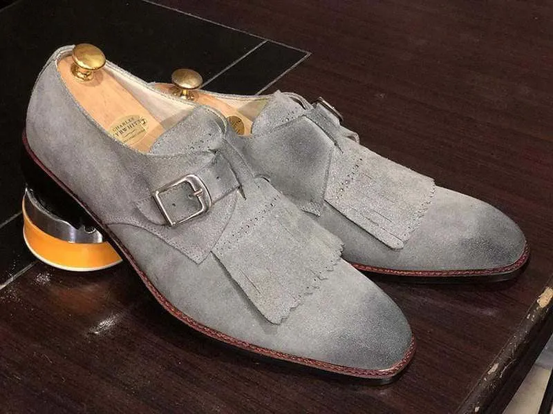 Handmade Gray Fringe Buckle Suede Shoes For Men's