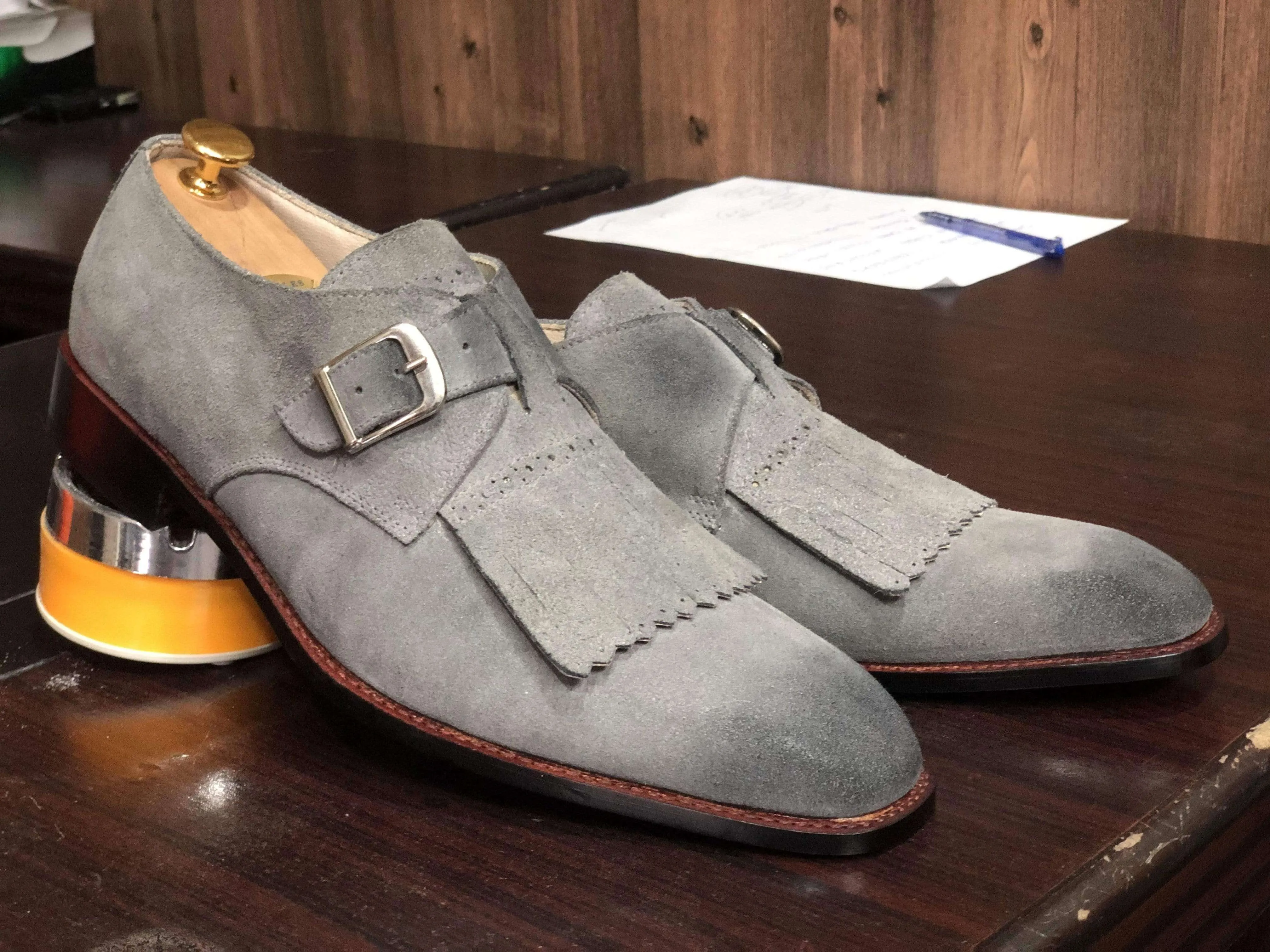 Handmade Gray Fringe Buckle Suede Shoes For Men's