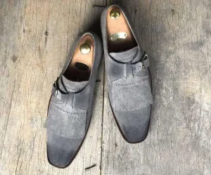 Handmade Gray Fringe Buckle Suede Shoes For Men's