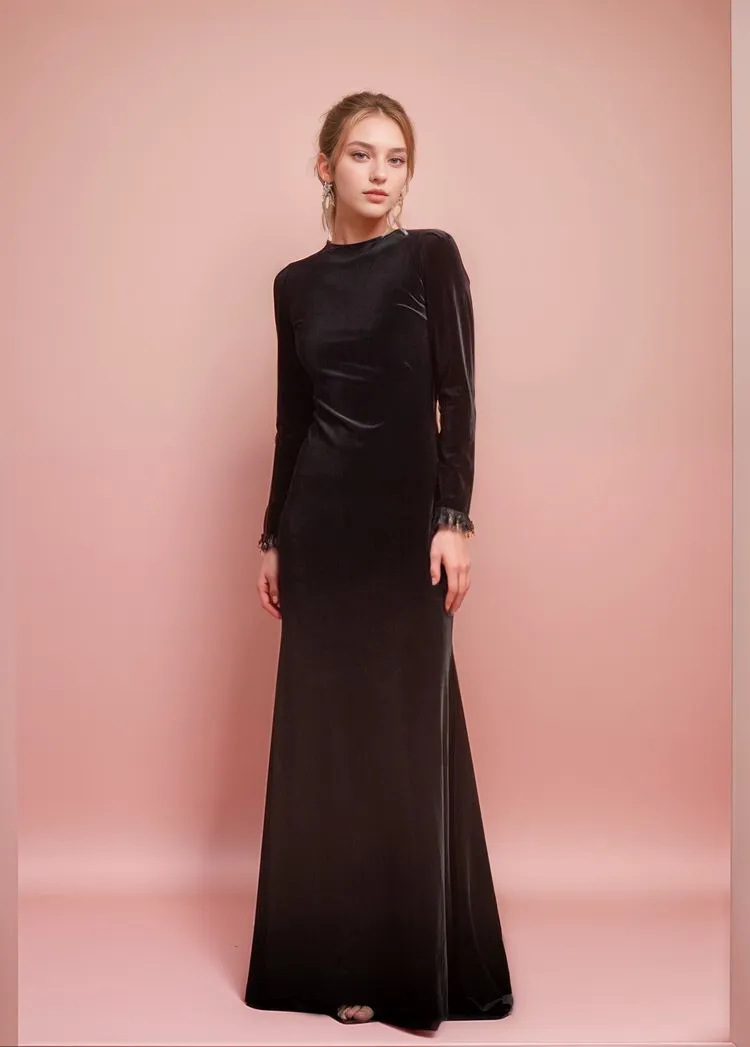 Hepburn Style Long Sleeves Jewel neckline A-line Velvet Prom Dress