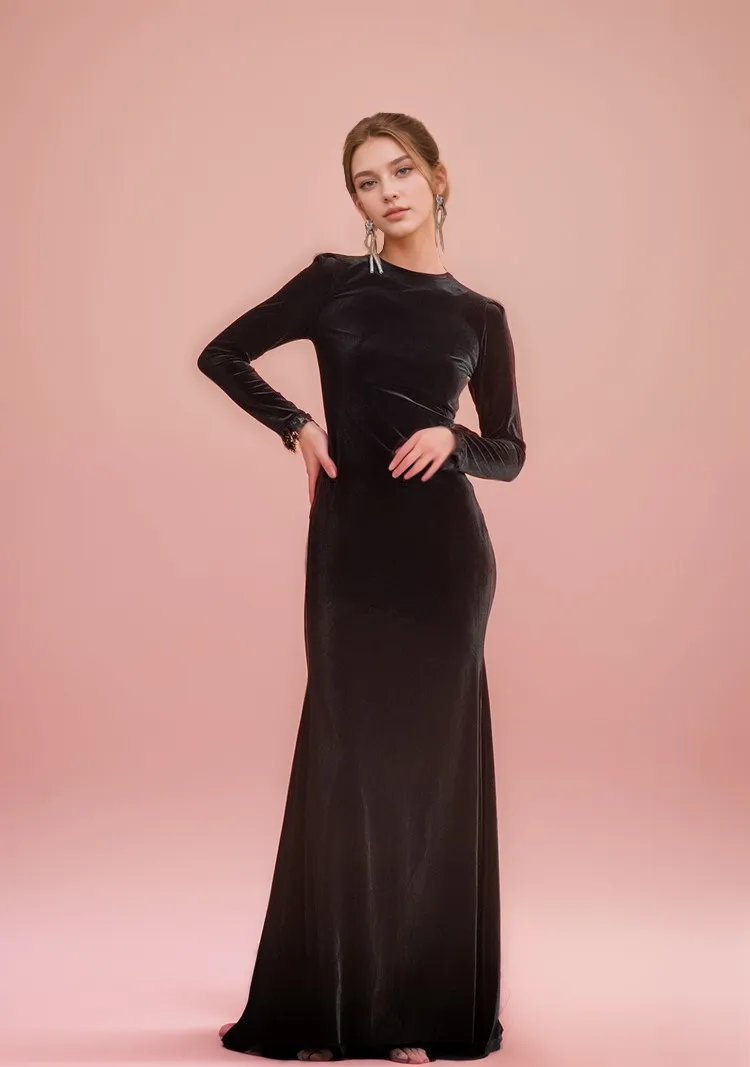 Hepburn Style Long Sleeves Jewel neckline A-line Velvet Prom Dress