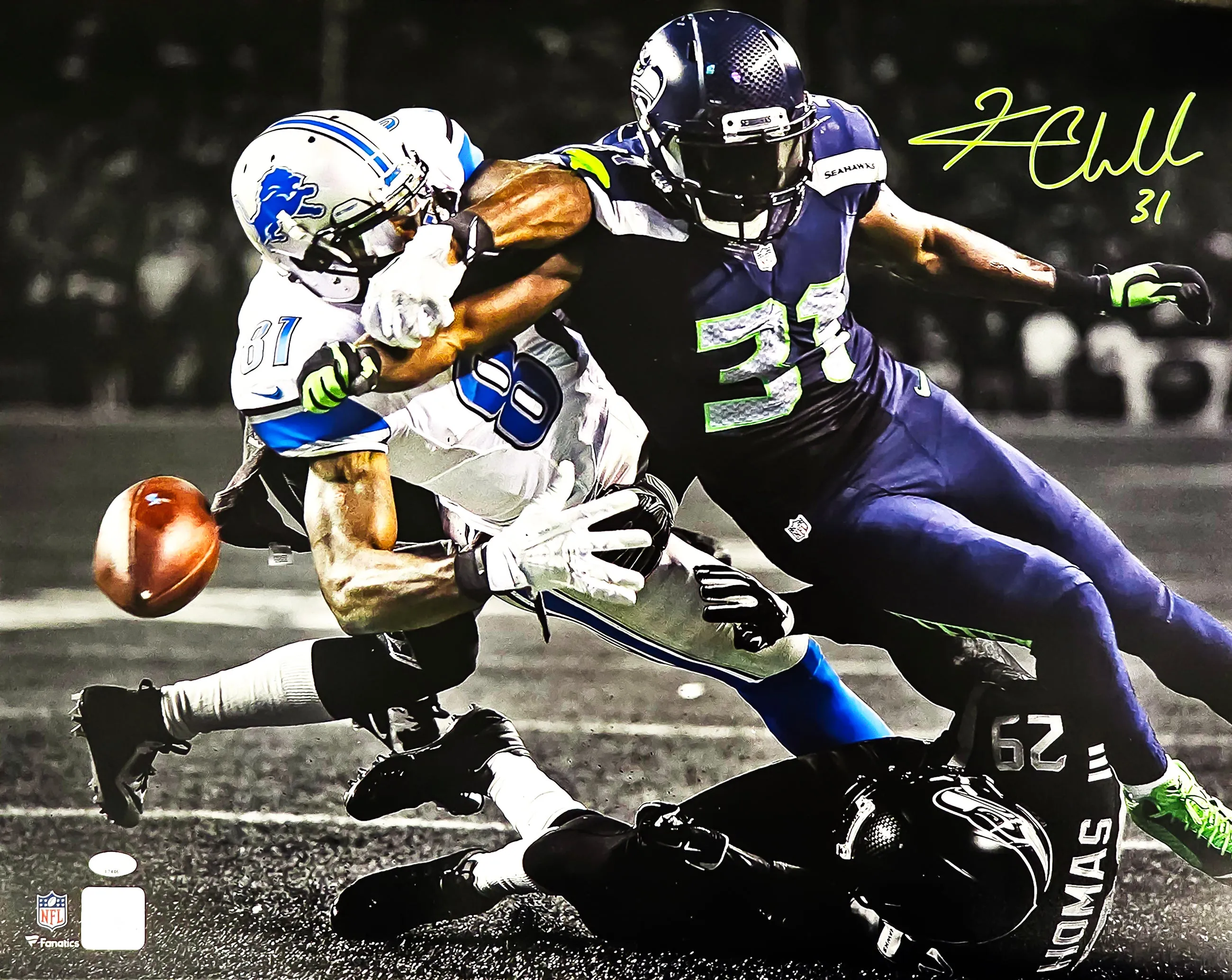 Kam Chancellor Autographed 16x20 Photo Seattle Seahawks Calvin Johnson Punch Fumble Spotlight MCS Holo Stock #220841