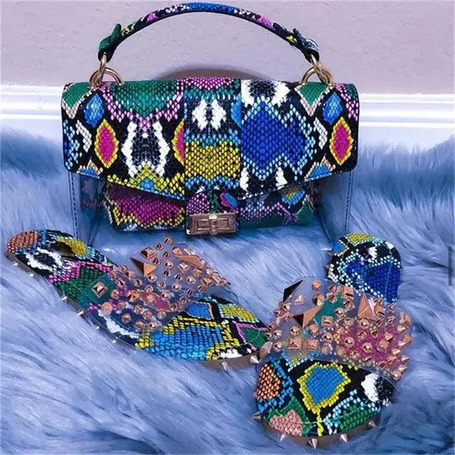 Lady - Jelly Snake Print Shoes and Handbag Set