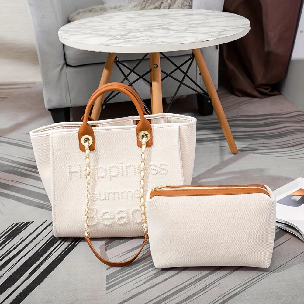 Luxury Canvas Tote Bag with Detachable Shoulder Strap, Casual Style, Large Capacity, Includes Cosmetic Bag, Buckle Closure, Suede Finish - Handbag for Shopping and Beach