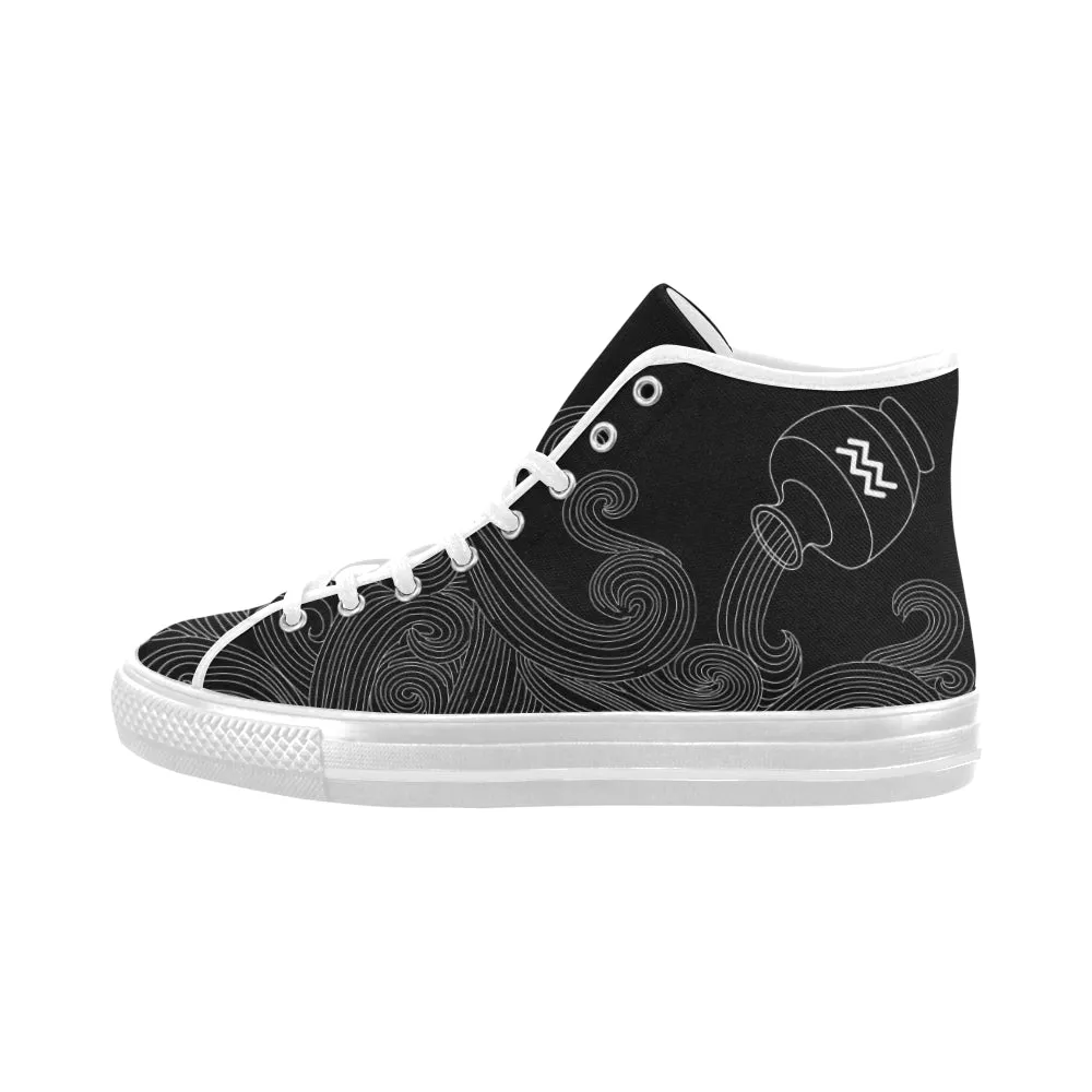 Men's Big Size Aquarius Water Bearer Black Zodiac Print Canvas High Top Shoes