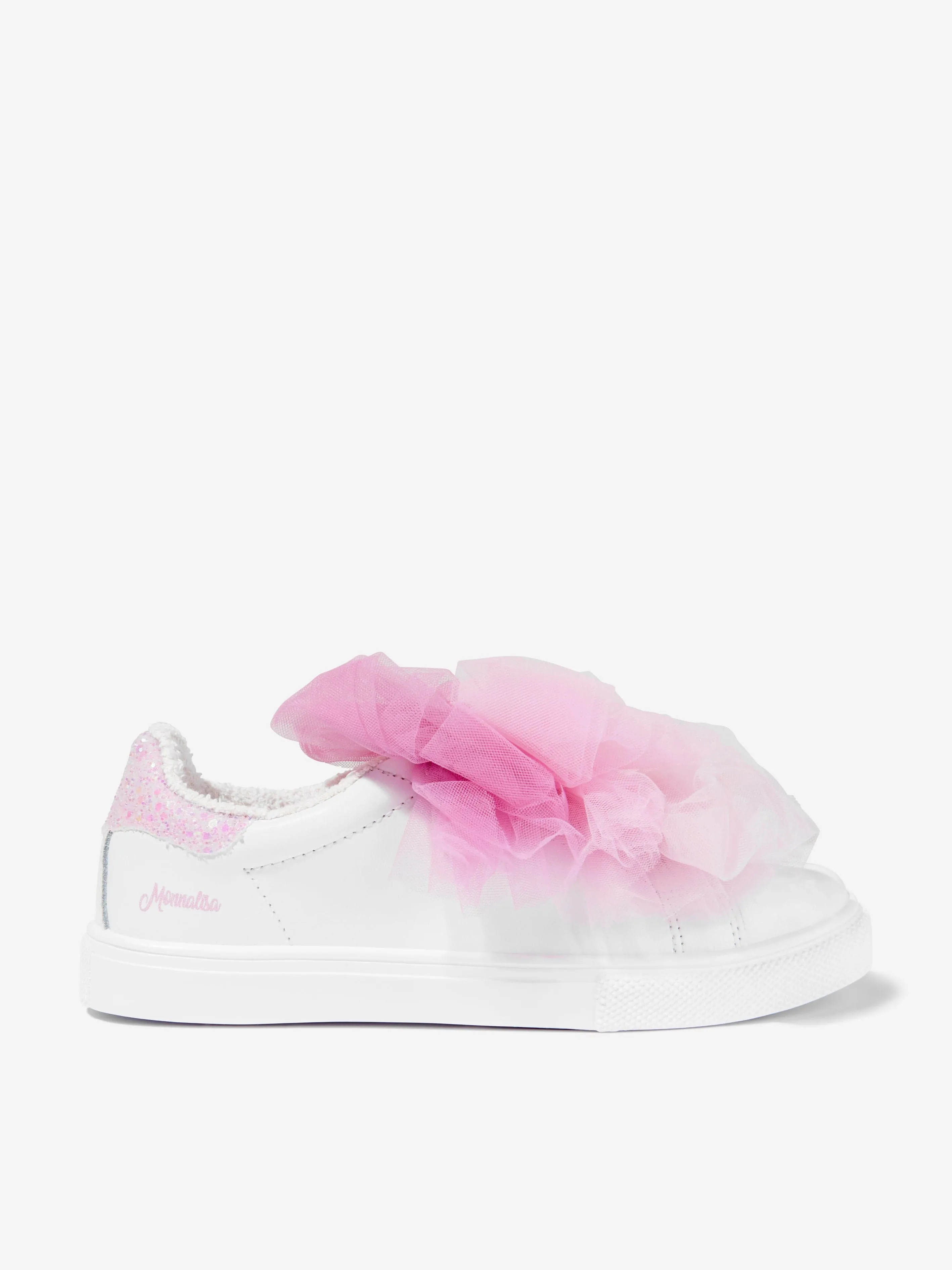 Monnalisa Girls Leather And Tulle Bow Trainers In White