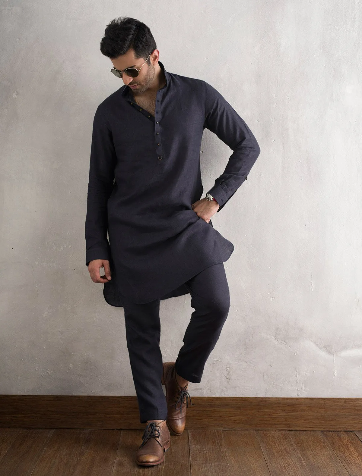 NAVY LINEN KURTA WITH PANT PAJAMA