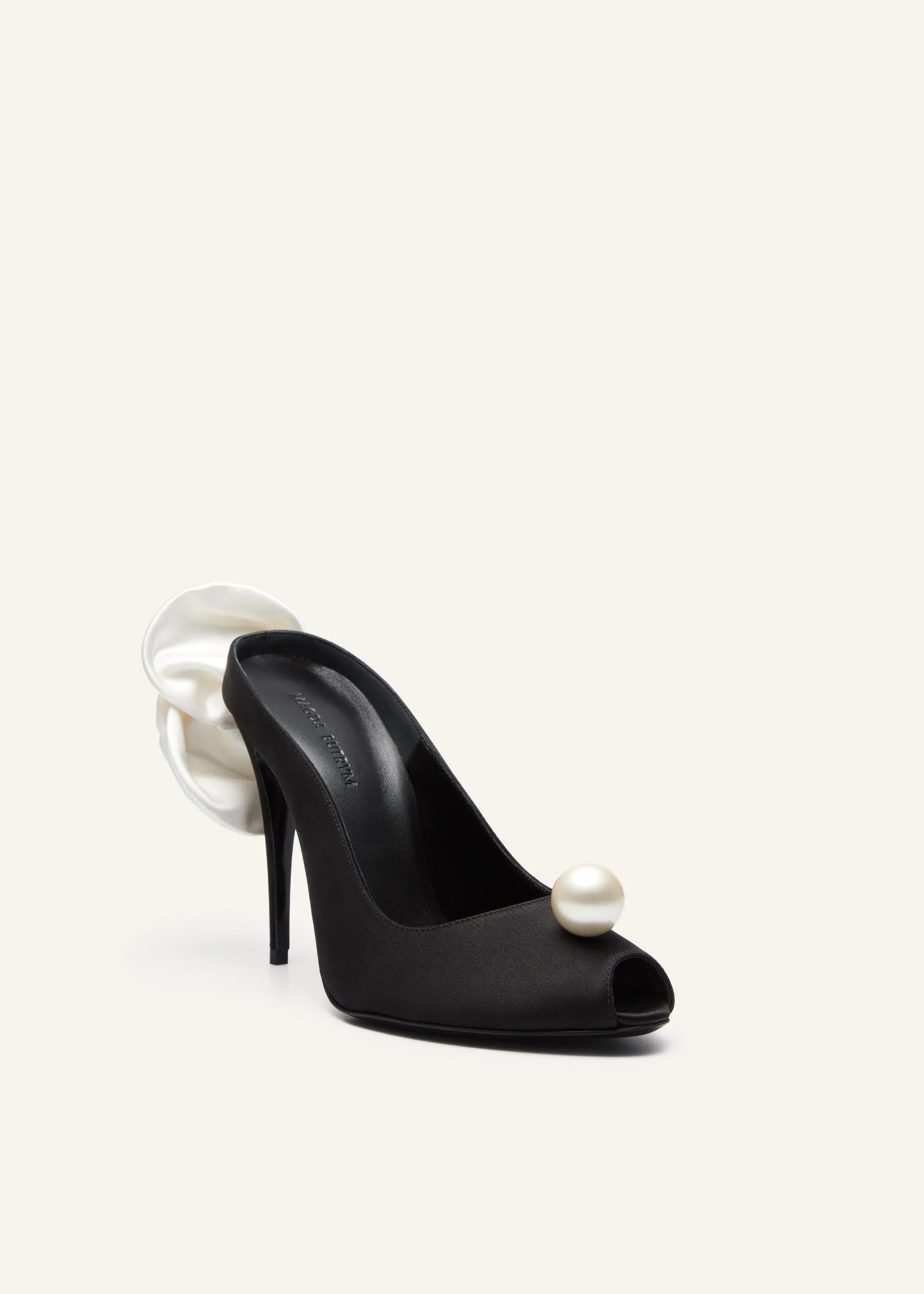 Peep toe mules in black satin