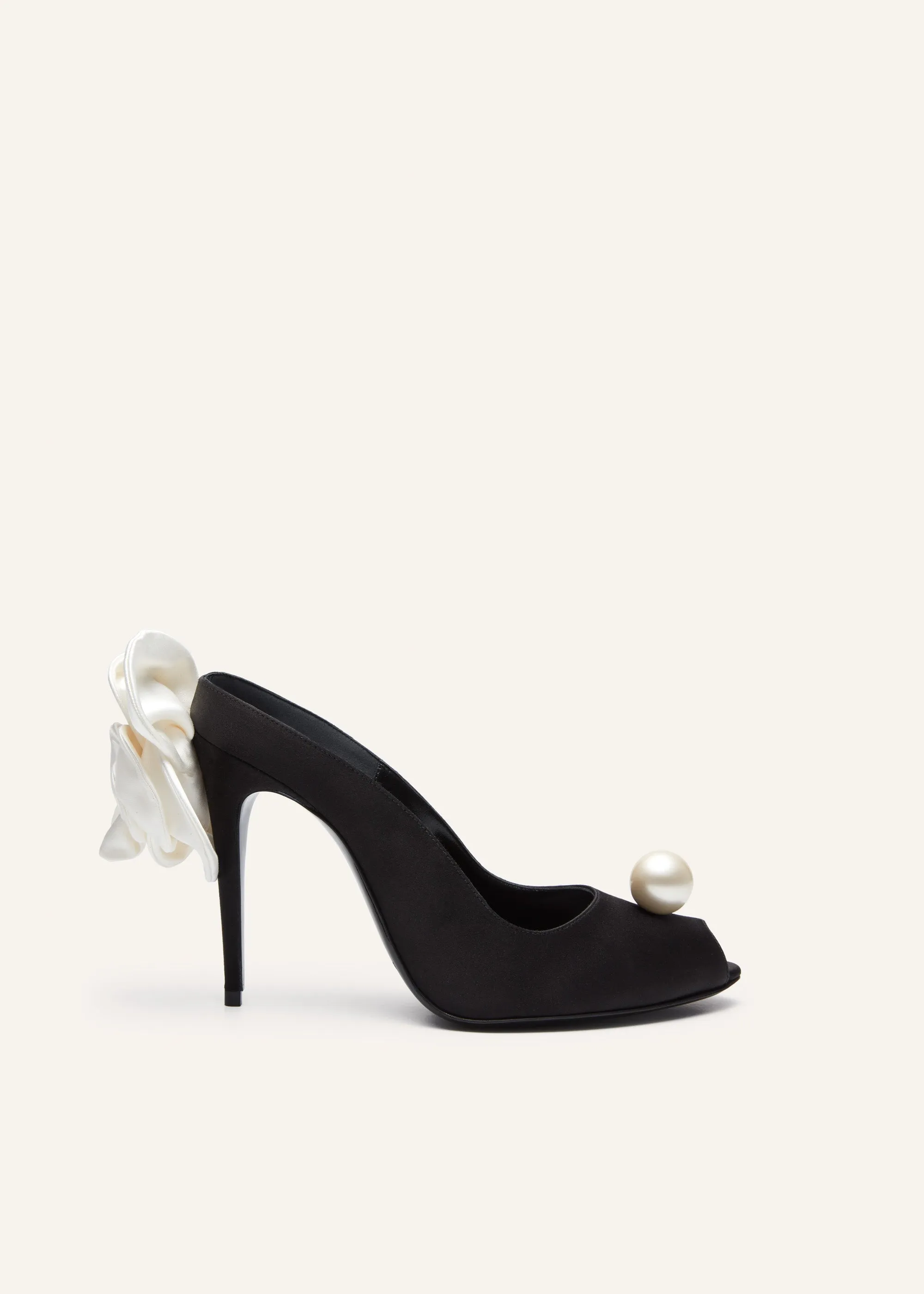 Peep toe mules in black satin