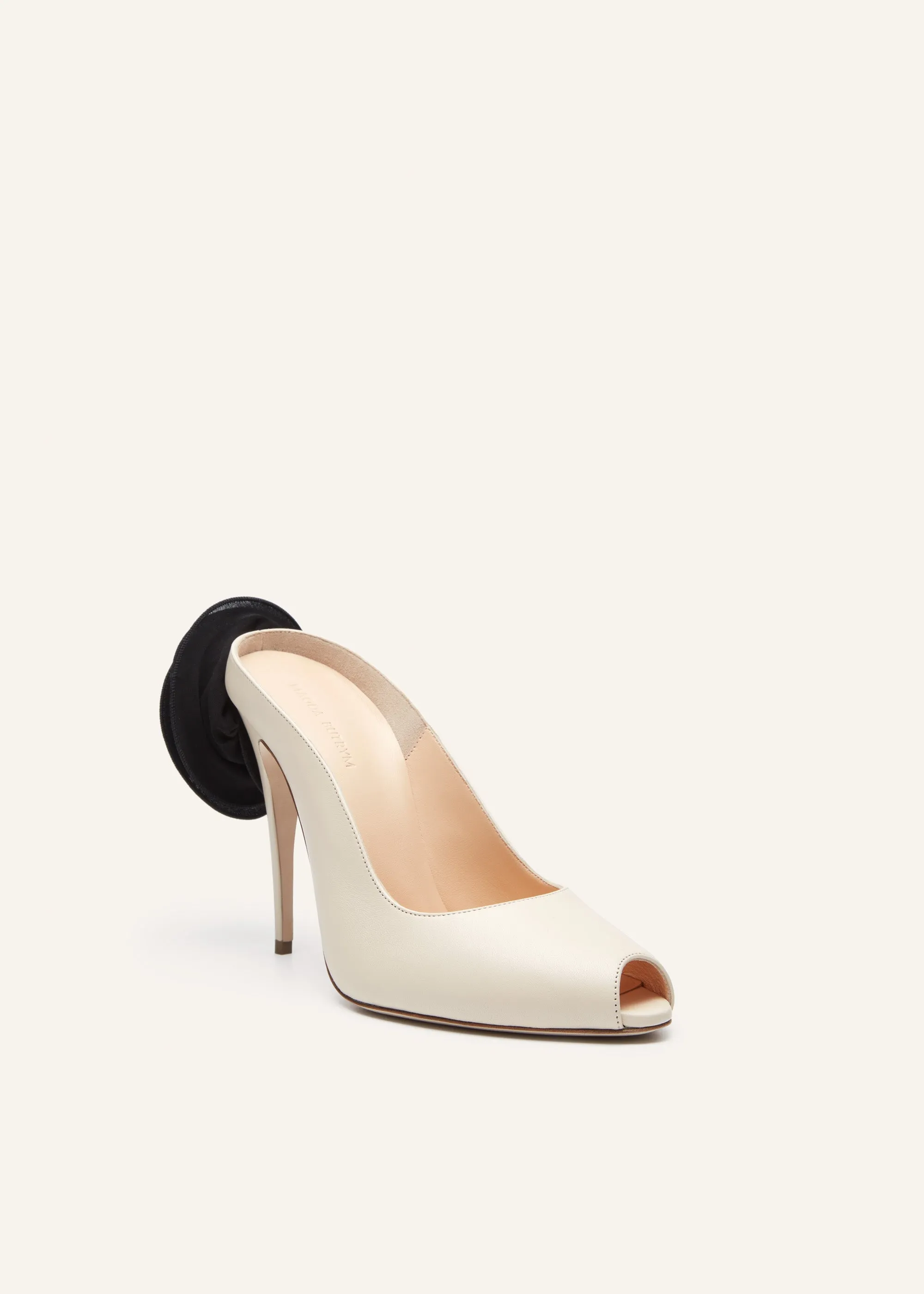 Peep toe mules in cream satin