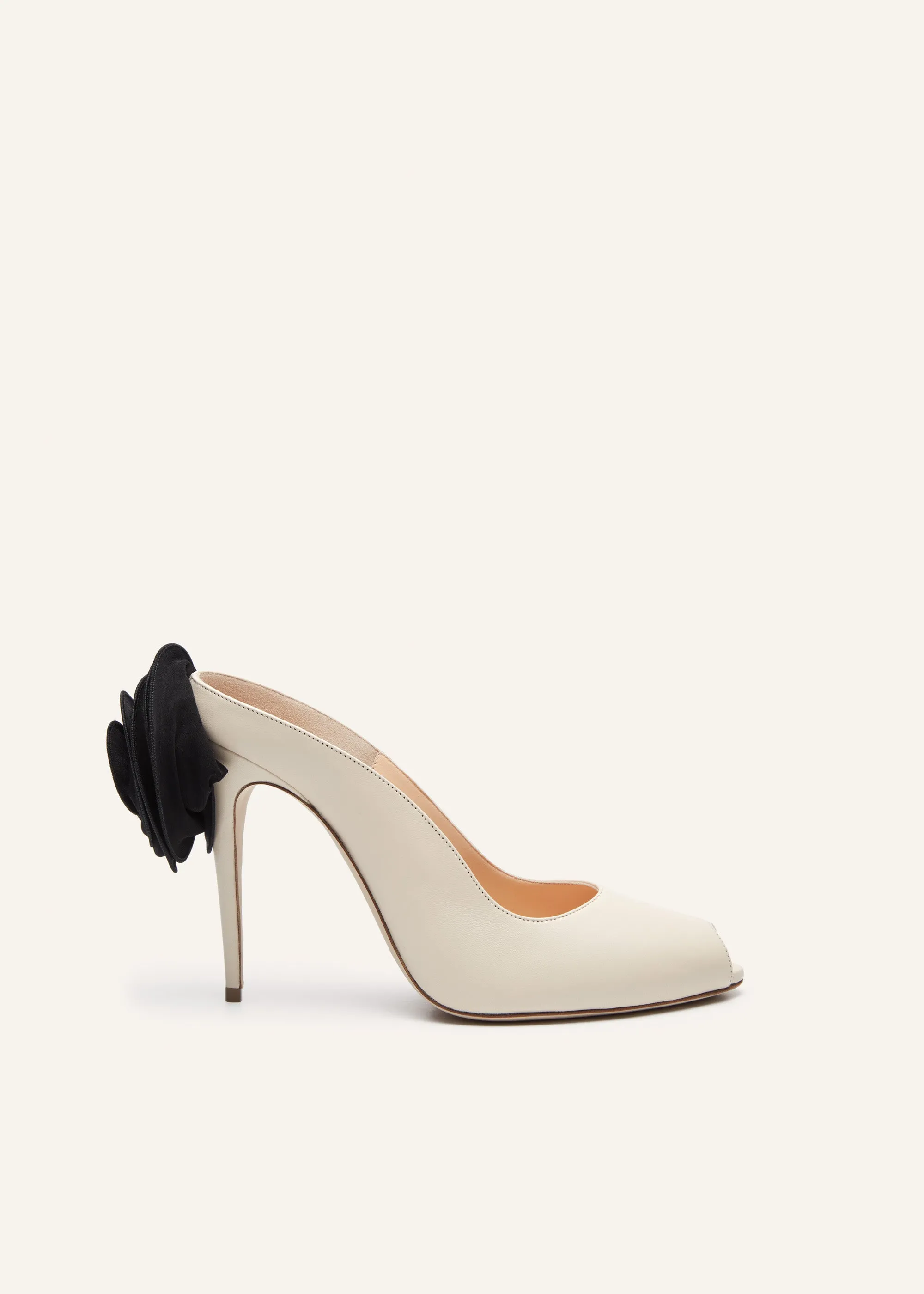 Peep toe mules in cream satin