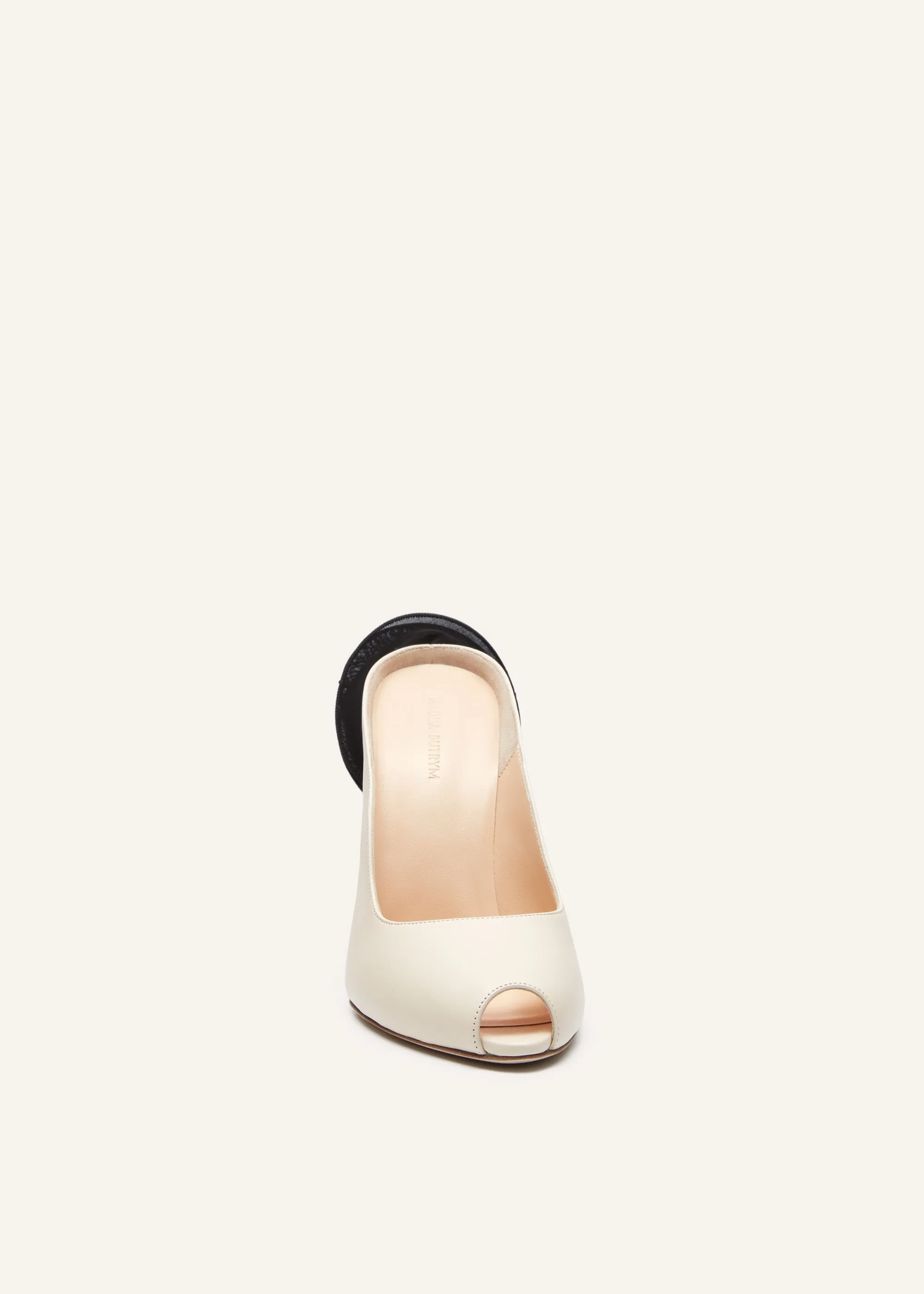 Peep toe mules in cream satin