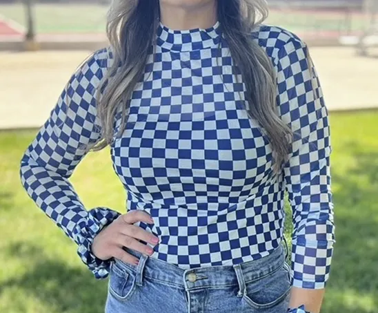 Pep Rally Blue Checkered Mesh Top