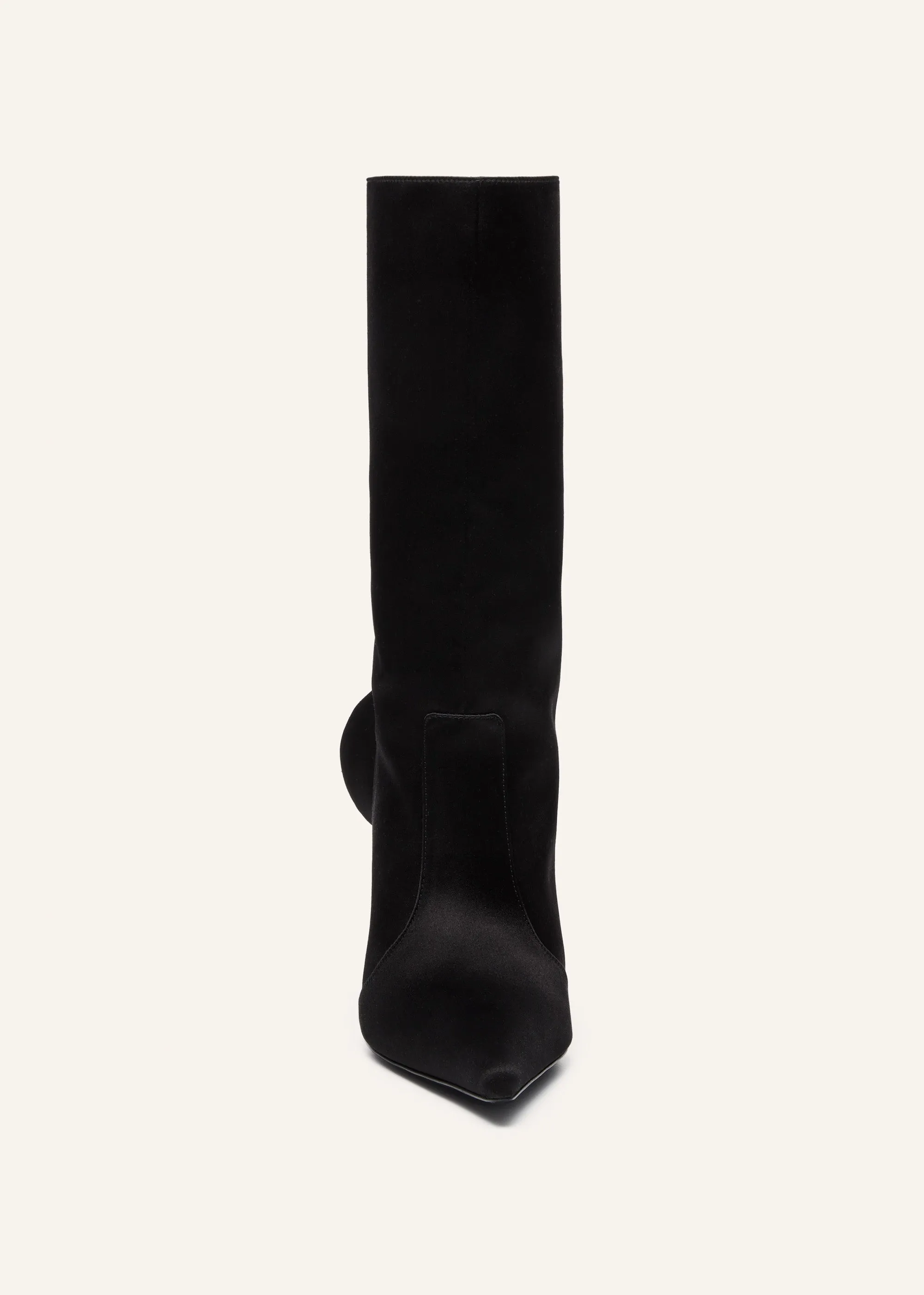 Sharp pointed calf boots in black satin