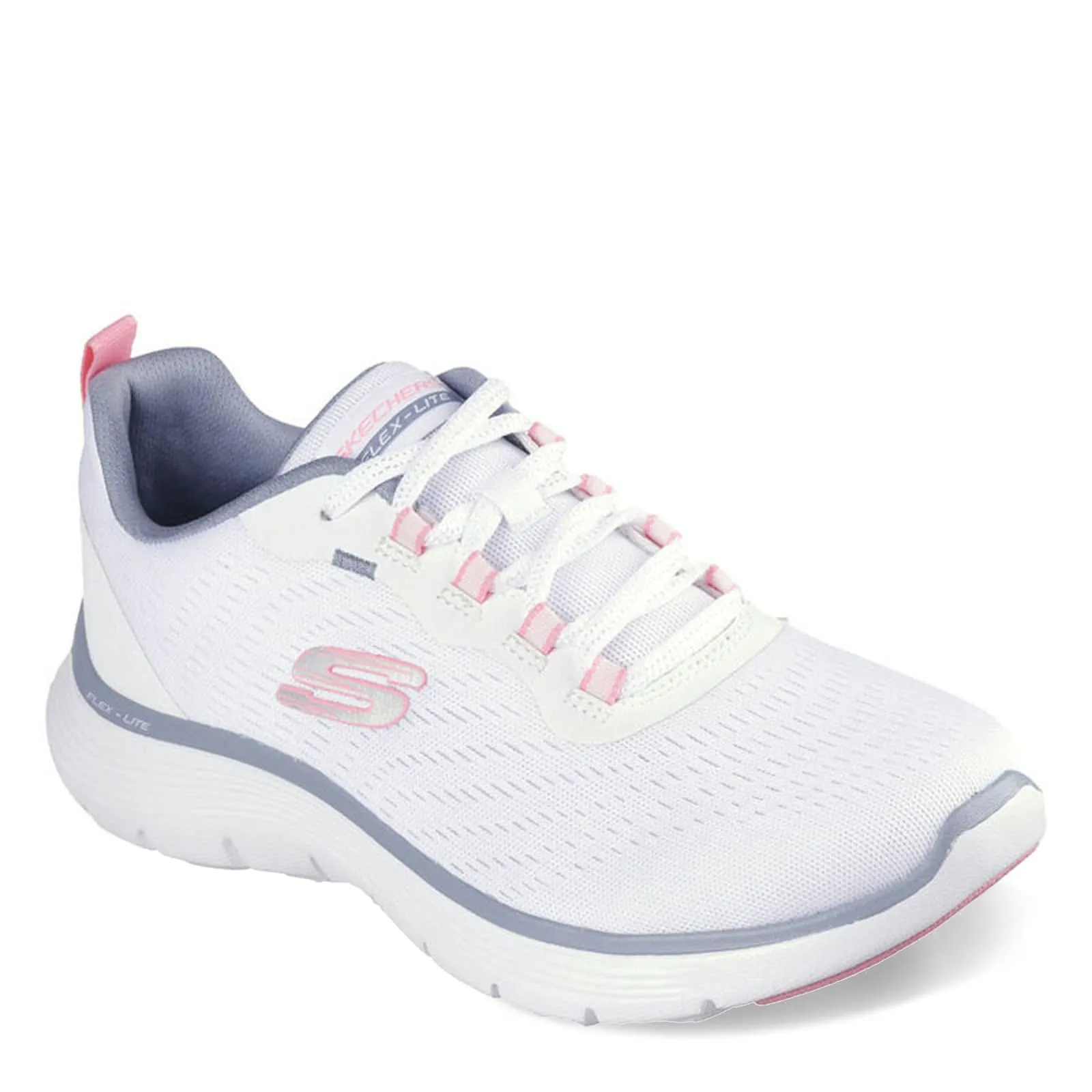 Skechers Women's Flex Appeal 5.0 Sneaker, White Mesh Pink Light Blue Trim