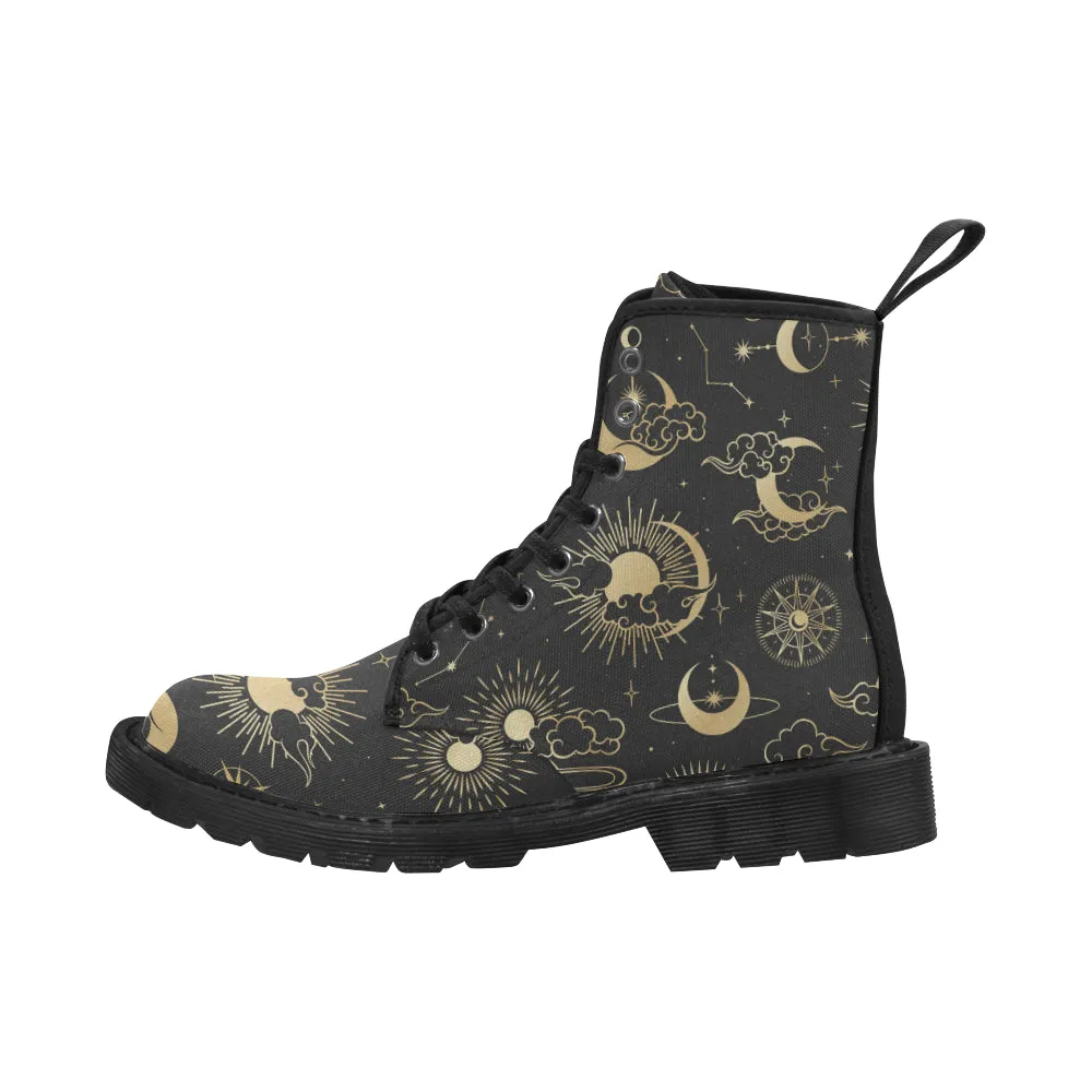 Sun Moon boots Women's Vegan Canvas Lace Up Shoes, Oriental Clouds Constellation Festival Print Black Ankle Combat, Casual Custom Gift