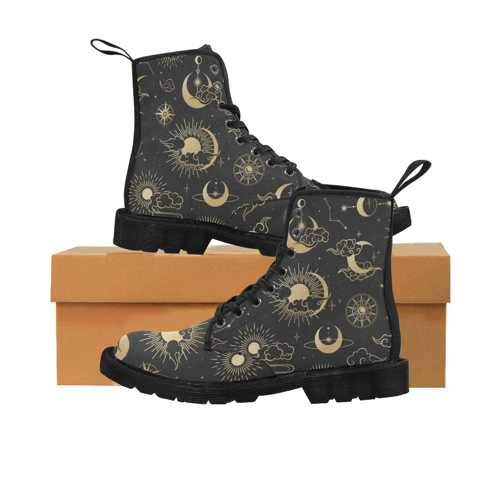 Sun Moon boots Women's Vegan Canvas Lace Up Shoes, Oriental Clouds Constellation Festival Print Black Ankle Combat, Casual Custom Gift