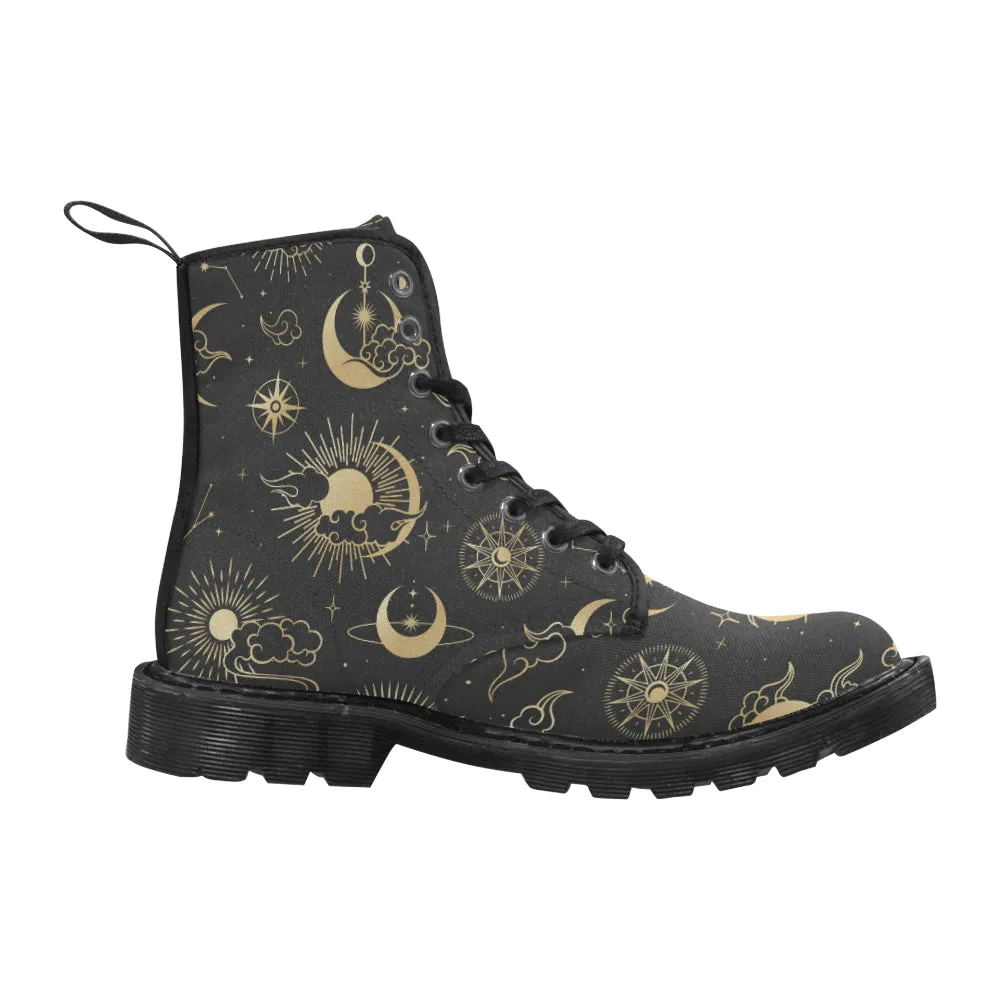 Sun Moon boots Women's Vegan Canvas Lace Up Shoes, Oriental Clouds Constellation Festival Print Black Ankle Combat, Casual Custom Gift