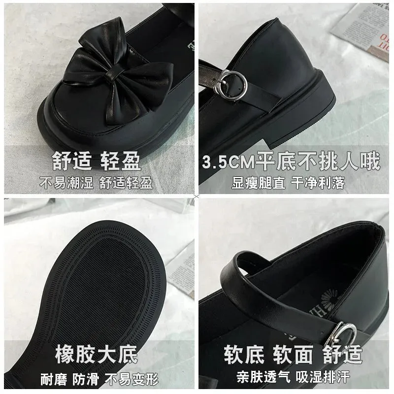 TAVIMART  -  Korean Japanese Harujuku Female Student Jk Uniform Loli Shoes Soft Girl Button Bow Mid Heel 3.5cm Anime Cosplay Women Flats