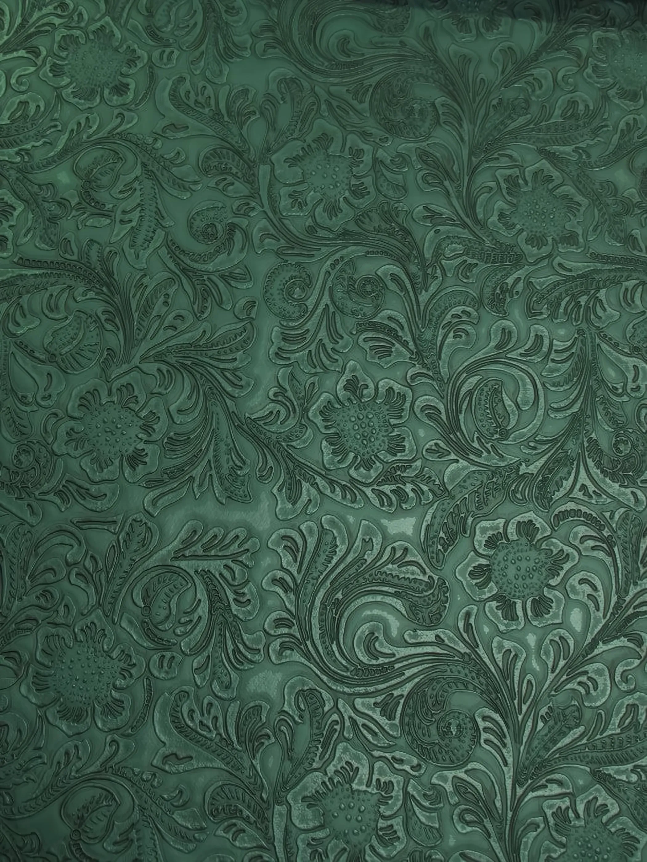 Teal Vintage Western Floral Pu Leather Fabric / Sold By The Yard