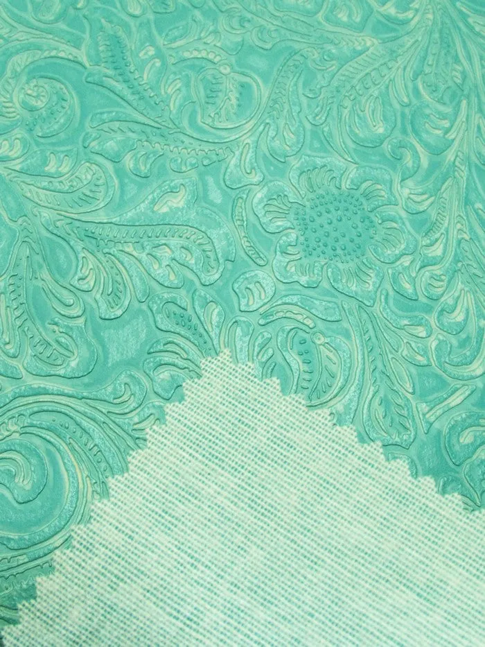 Teal Vintage Western Floral Pu Leather Fabric / Sold By The Yard