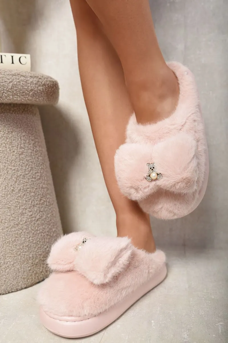 Teddy Bear Bow Faux Fur Fluffy Slippers