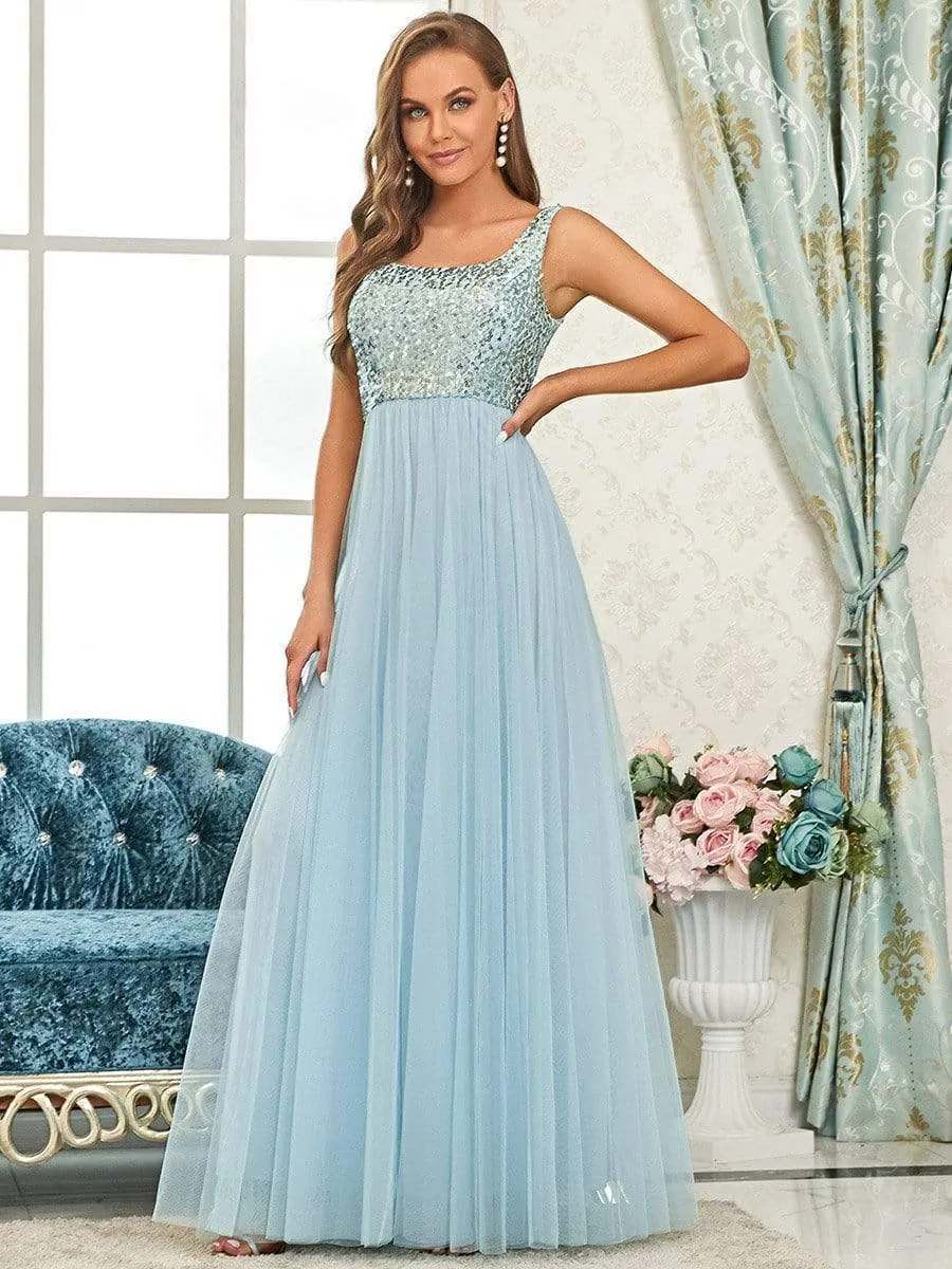 Tulle Sequin Sleeveless A-Line Bridesmaid Dress