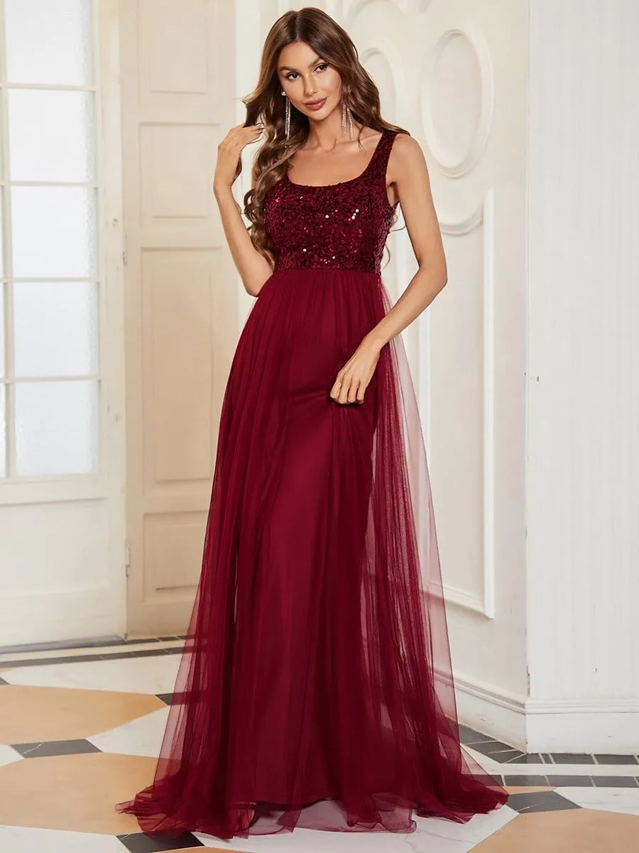 Tulle Sequin Sleeveless A-Line Bridesmaid Dress