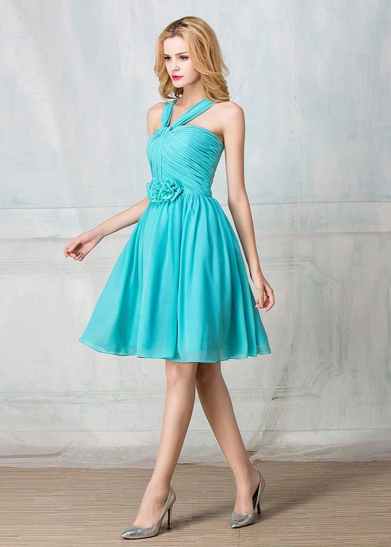 Twisted haltered cocktail-length chiffon short prom dress