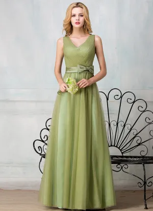 V-shape neckline floor-length tulle long prom dress