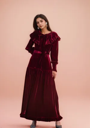 Vintage Ruffled Long sleeves boat Neck bow tie A-line Velvet Dress