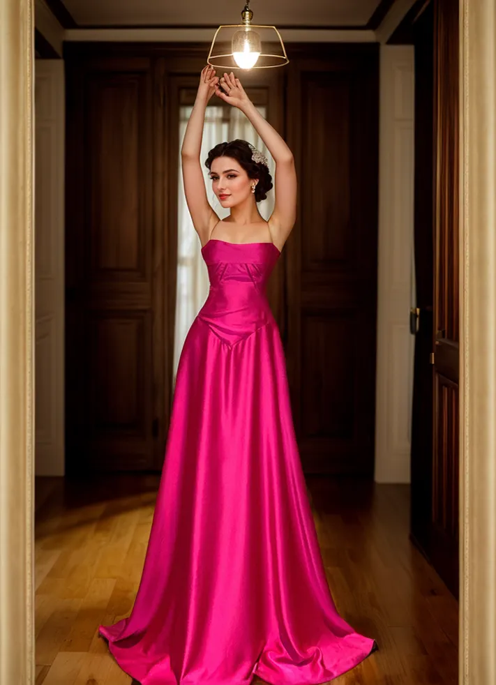 Vintage Spaghetti-straps princess style satin long prom dress