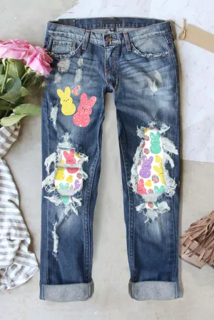 Women's Boyfriend Jeans Easter Rabbit Stretchy Ripped Distressed Denim Pants