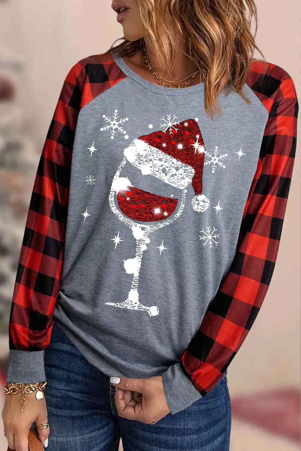 Women's Long Sleeve Shirts Christmas Red Wine Glass Xmas Blouse