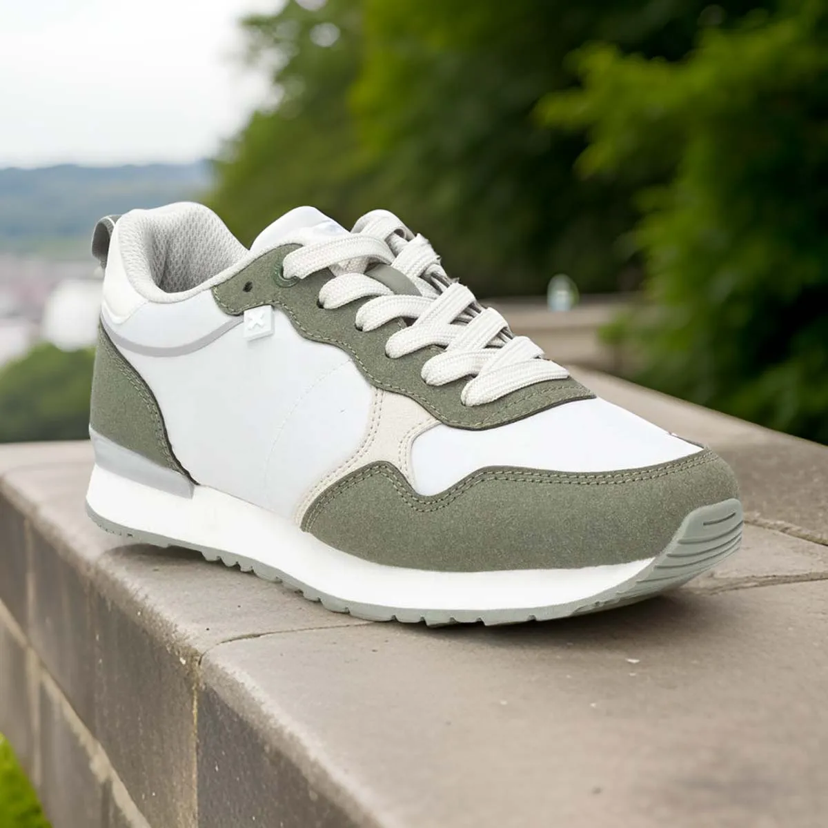 XTI Vegan Certified Runners with Cushioned Insole in White, Olive Green, and Soft Grey